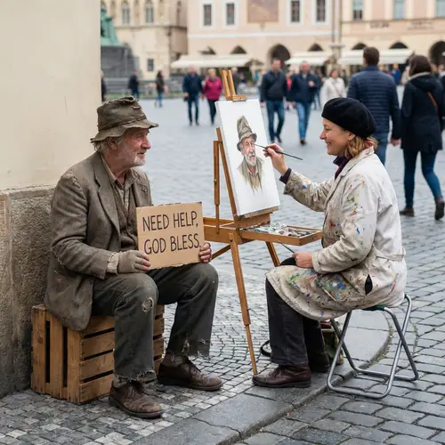 Beggar Posing for Painter - Art in Progress
