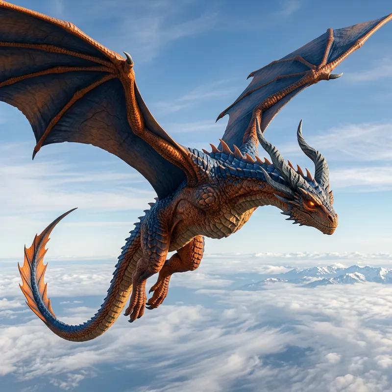 Majestic Orange and Blue Dragon Creature in the Sky