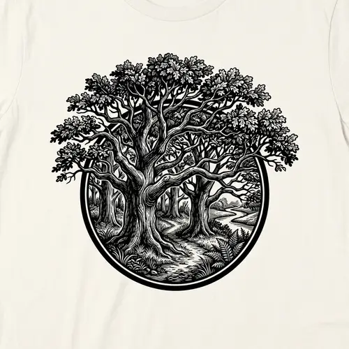 Vintage Oak Tree Engraving T-Shirt Design