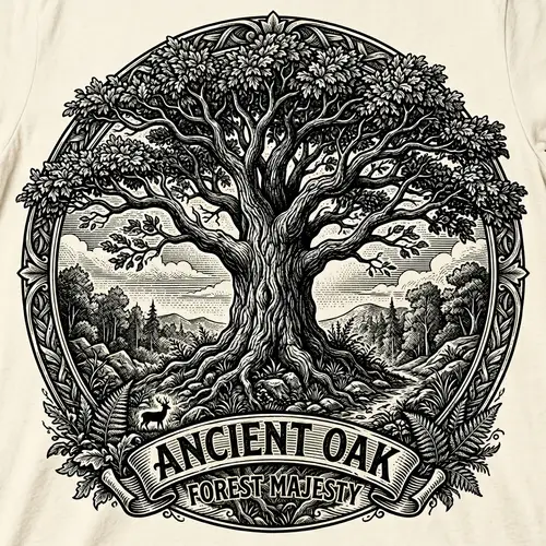 Vintage Woodcut Oak Tree T-Shirt Design