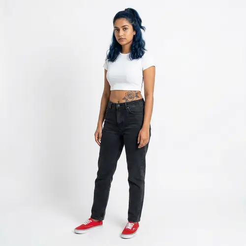 Full-Height South-Asian Girl with Blue Hair on White Background