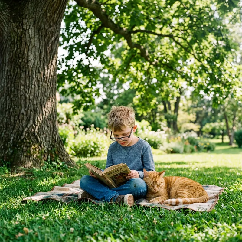 Boy and Cat sitting peacefully under Oak Tree Boy and Cat sitting peacefully under Oak Tree