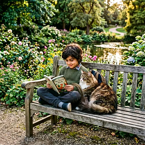 Middle-Eastern Boy Reading Book with Maine Coon Cat in Park