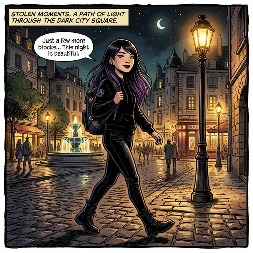 Teenage Asian Girl Walking Through Night Square | Comic Panel