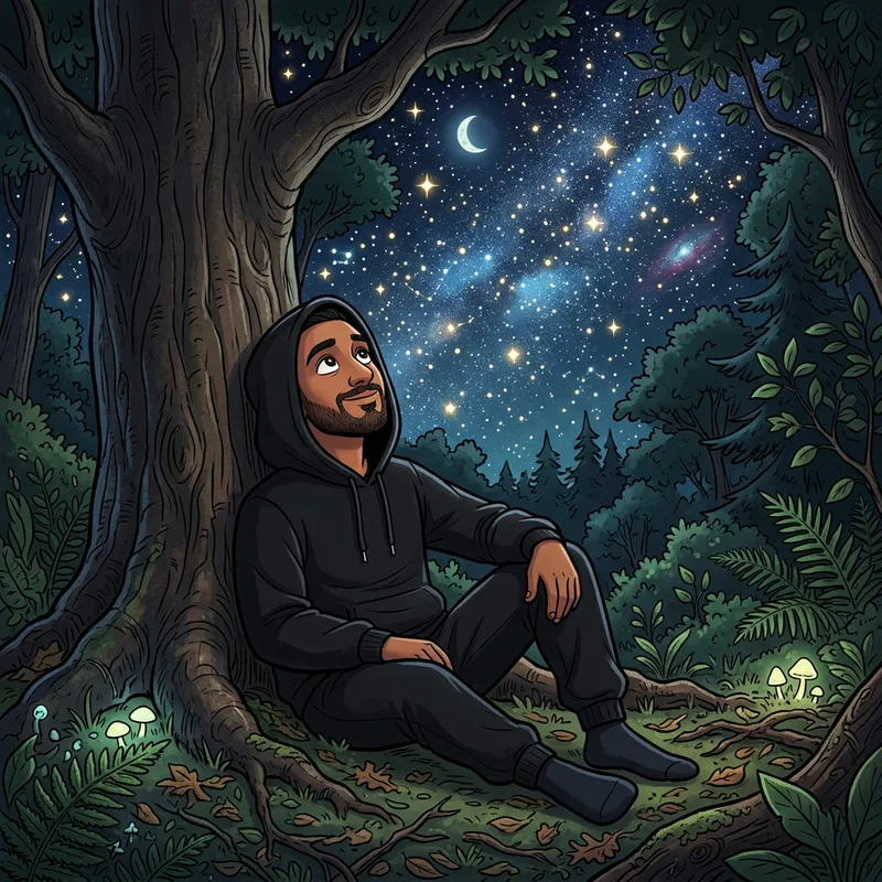 Man in Black Sweatpants Sitting by Tree Stargazing in Cartoon Style Man in Black Sweatpants Sitting by Tree Stargazing in Cartoon Style