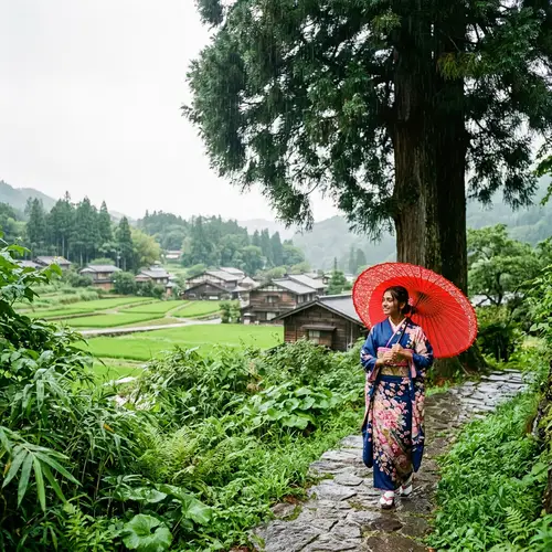 Beautiful Japanese Village in Gentle Rain