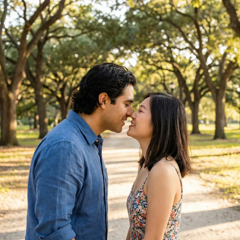 Romantic Moment: Man Kissing Woman Under Sunlit Trees