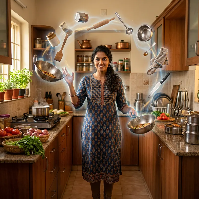 Young Beautiful Homemaker with Superpowers in Her Kitchen