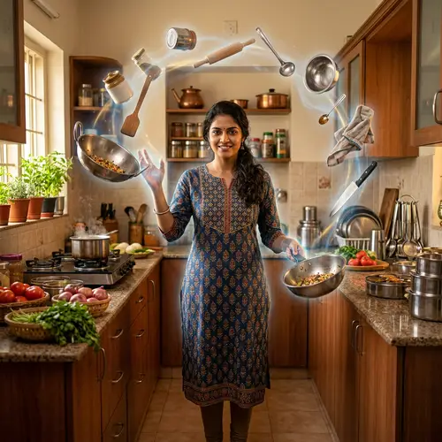 Powerful South Asian Woman with Superpowers in Kitchen