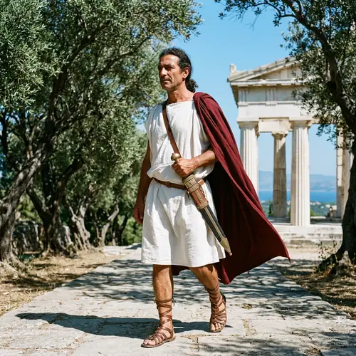 Ancient Greek Attire and Xiphos Sword in Olive Grove Setting