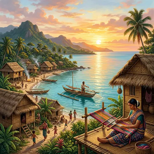 Pre-Colonial Philippines Scene in Bohol: Vibrant Blue Sea & Traditional Activities