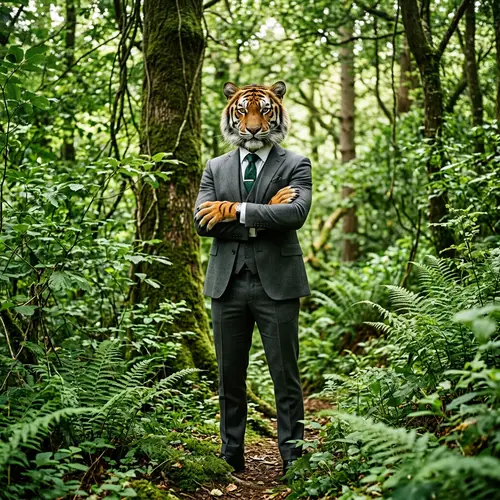 Sartorial Tiger Roaming in Lush Forest | Wildlife Fashion Fusion