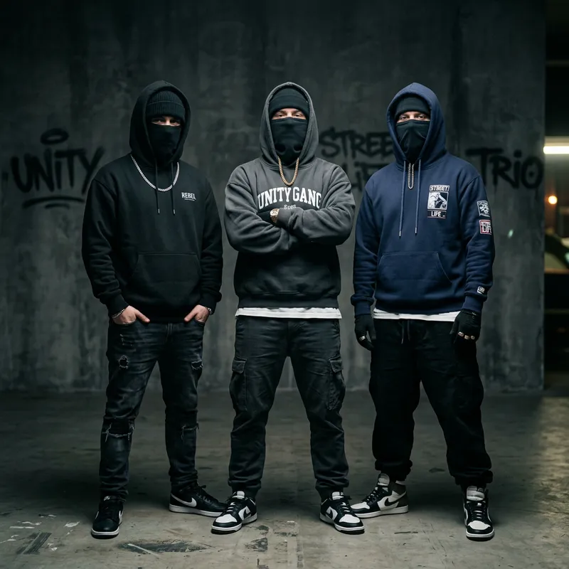 Three White Rappers in Hoodies - Unrecognizable Faces - High Quality