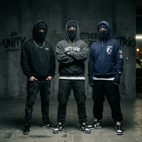 White Male Rappers in Stylish Hoodies on Urban Background