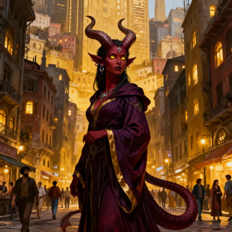 Powerful Tiefling Sorcerer in Cityscape