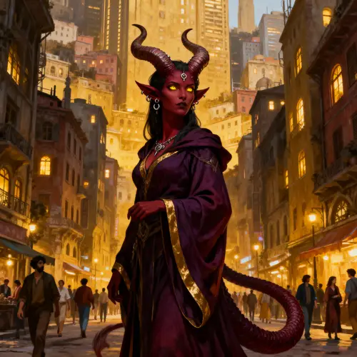 Powerful Tiefling Sorcerer in Cityscape