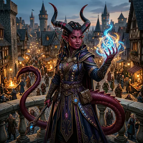 Powerful Tiefling Sorcerer in Cityscape