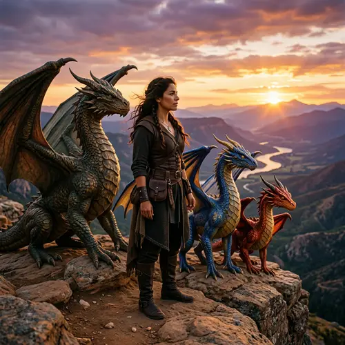 Hispanic Woman with Three Dragons | Enchanting Sunset Scene