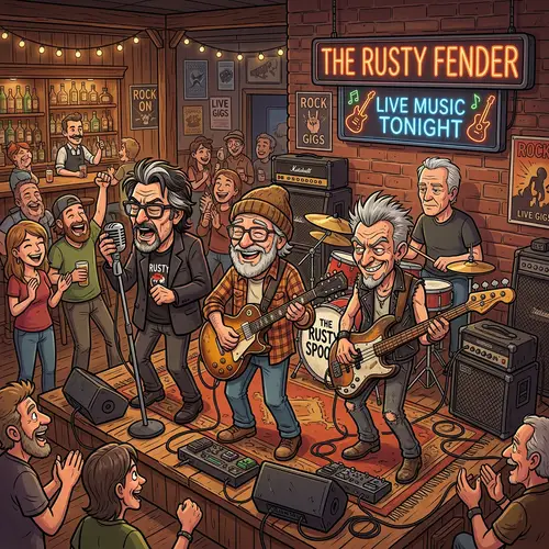 Elderly Rock Band Cartoon Illustration at Quaint Bar