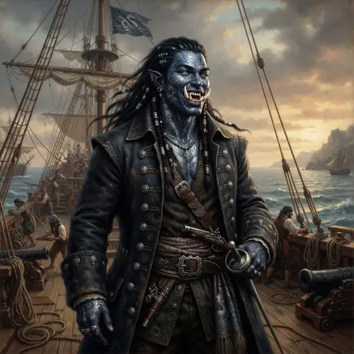 Fierce Asian Half-Orc Pirate Captain in Oil Painting