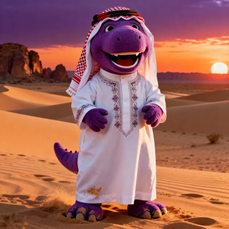 Barney the Dinosaur in Traditional Thobe at Sunset