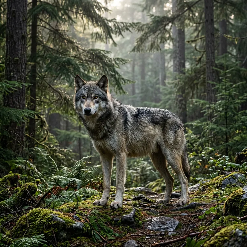 Majestic Grey Wolf in Coniferous Forest - Wildlife Photography Majestic Grey Wolf in Coniferous Forest - Wildlife Photography