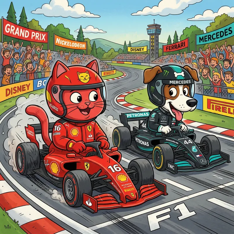 Cartoon Racing: Cat in Ferrari & Dog in Mercedes