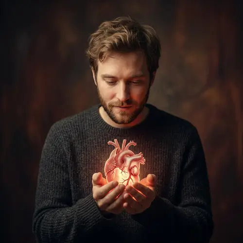 Surreal Art: Caucasian Man Holding Glowing Heart in Hand