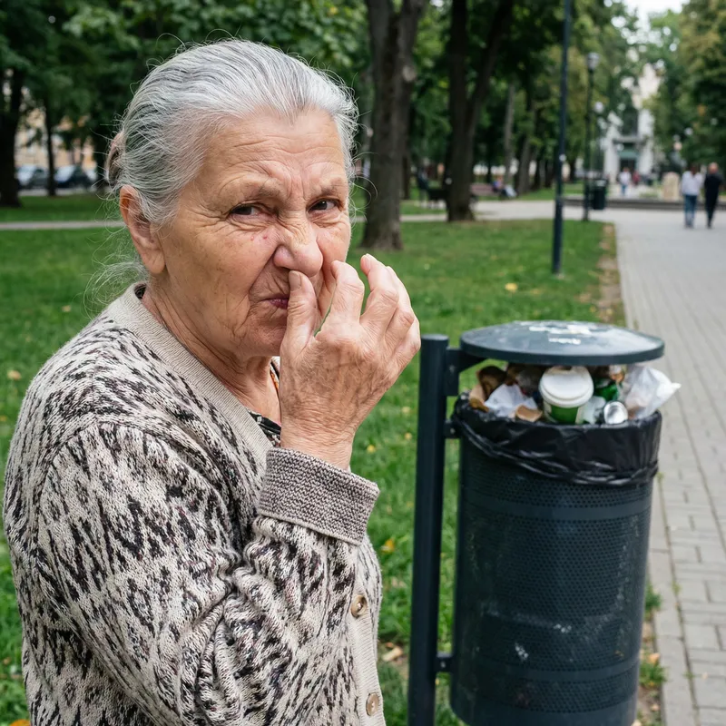 Elderly Woman Reacting to Unpleasant Odor - Disgusted Expression