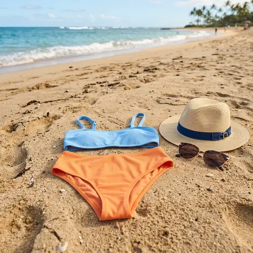 Stylish Bikini on Sandy Beach: Blue Skies & Orange Sunset