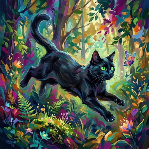 Majestic Black Cat Digital Painting | Vibrant Colors & Playfulness