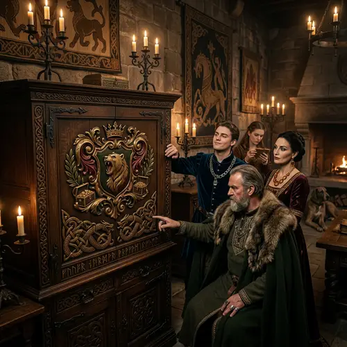 Nevosken Family Cabinet: Nordic Baroque Crest & Viking Motifs