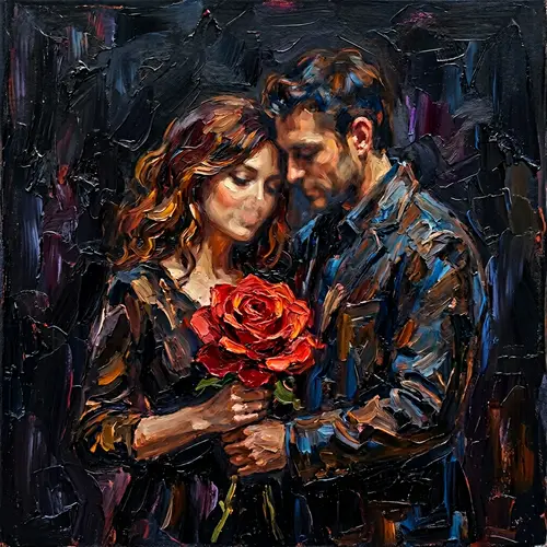 Romantic Impressionist Art - Couple with Rose