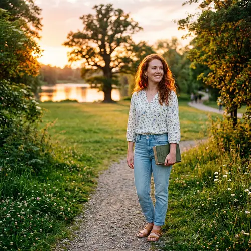 Redhead Woman in Lush Green Park at Golden Hour | Vintage Book
