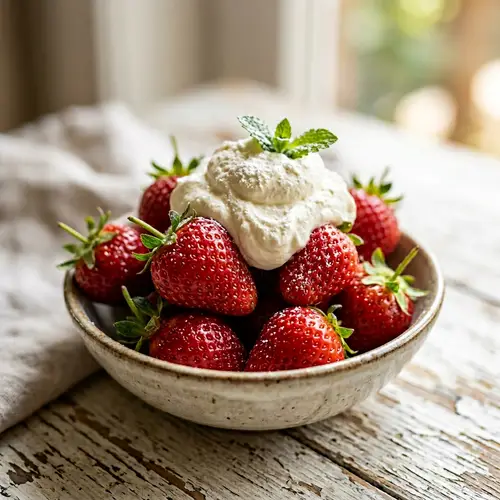 Vibrant Ripe Strawberries with Whipped Cream | Food Photography