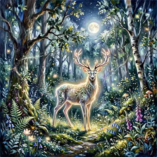 Mystical Creature in Moonlit Forest | Fantasy-Impressionist Art