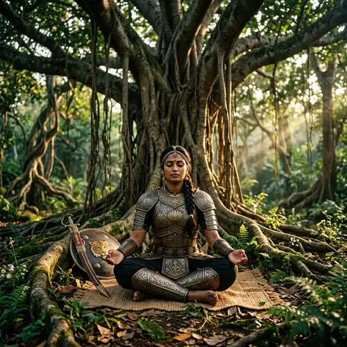 South Asian Female Warrior Meditating Under Majestic Tree