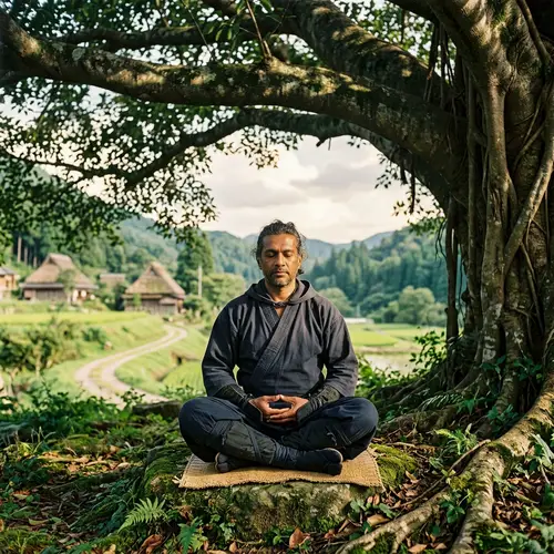 Tranquil South Asian Man Meditating in Shinobi Attire