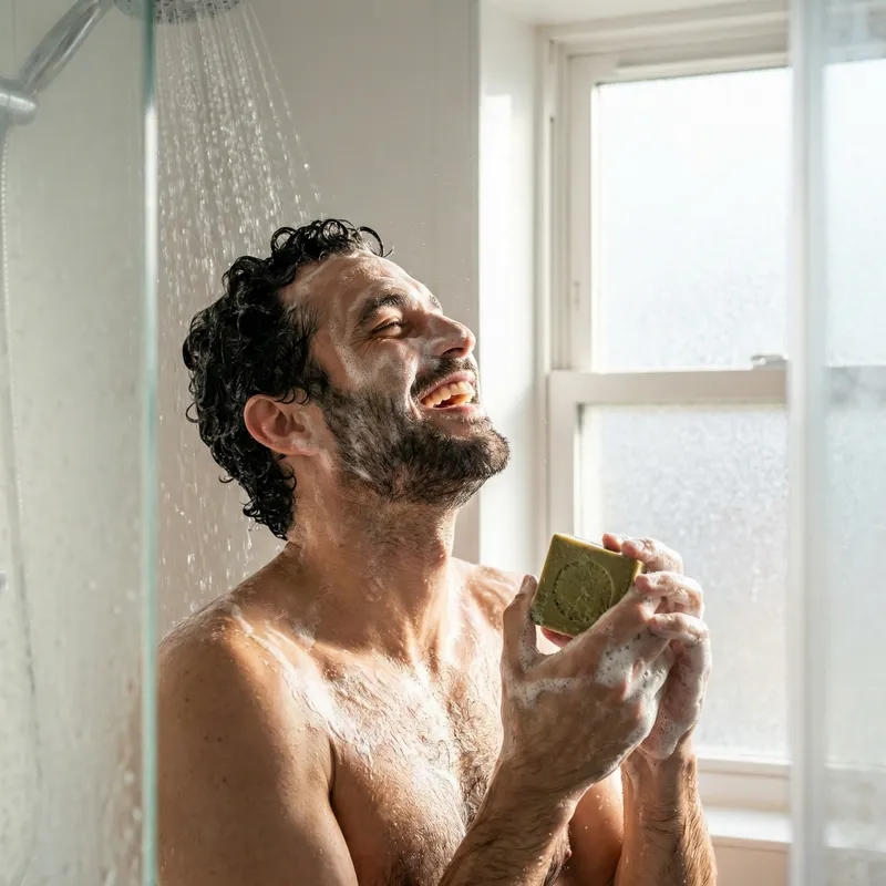 Middle-Eastern Man Enjoying Shower with Square Bar Soap