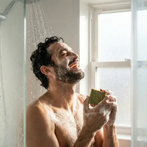 Middle-Eastern Man in 30s Enjoying Shower with Natural Soap