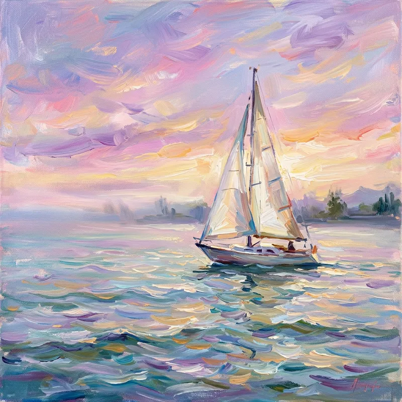 Impressionistic Sailboat Landscape: Serene Morning Scene