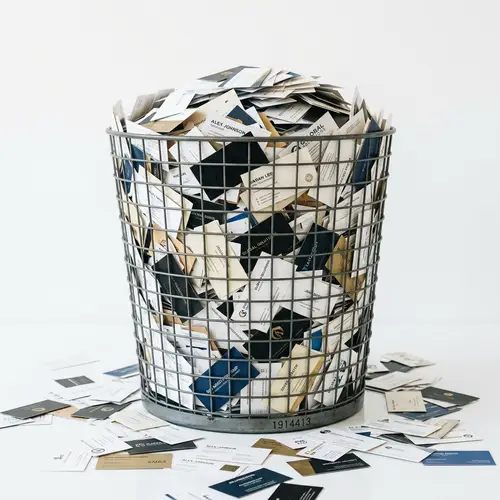 Overflowing Wire Garbage Bin of Business Cards