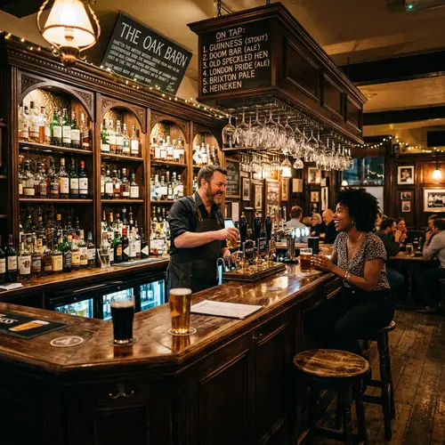 Traditional Style Bar Interior with Polished Dark Oak Bar Top