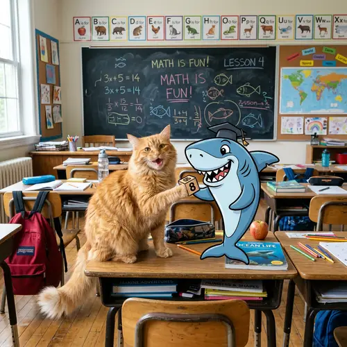 Joyous Cat Plays with Shark in Educational Setting