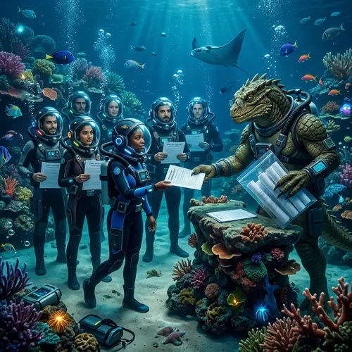Diverse Students Attempt Exam Underwater to Reptilian Teacher