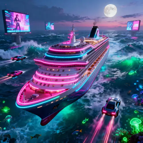 Futuristic Cruise Ship: Neon Lights & Cyberpunk Vibes