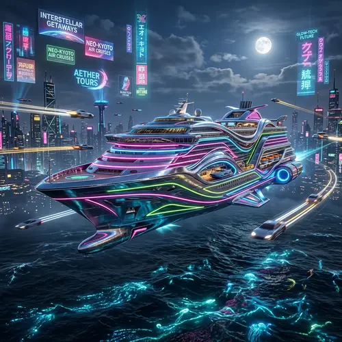 Futuristic Cruise Ship: Neon Lights & Cyberpunk Vibes