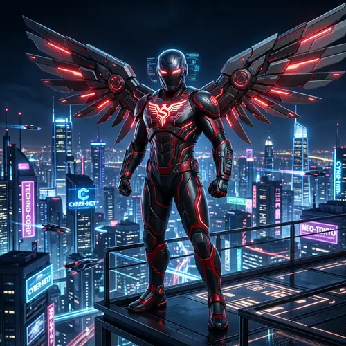 Futuristic Superhero with AI - Black and Red Armor