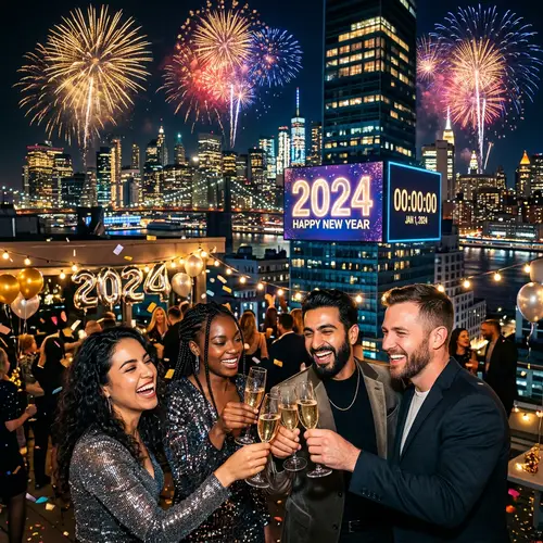 Vibrant New Year 2024 Celebration in Cityscape | Fireworks & People Toasting