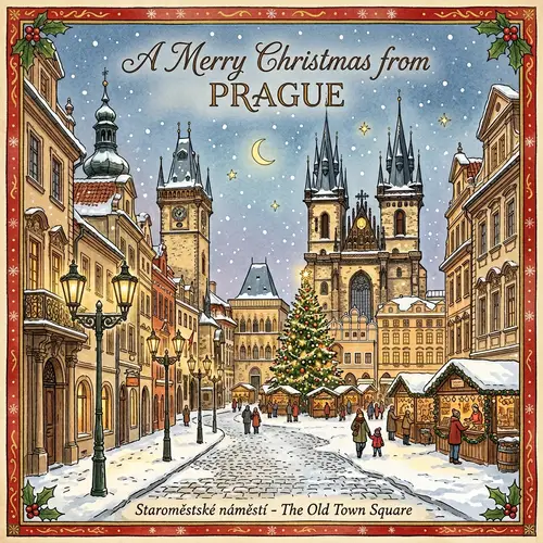 Christmas Postcard Illustration of Prague's Old Town